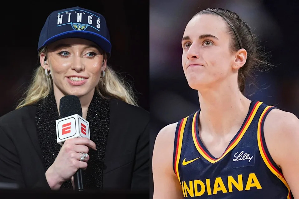 Dallas Wings guard Paige Bueckers (left) and Indiana Fever guard Caitlin Clark.Vincent Carchietta&comma; Grace Hollars-Imagn Images