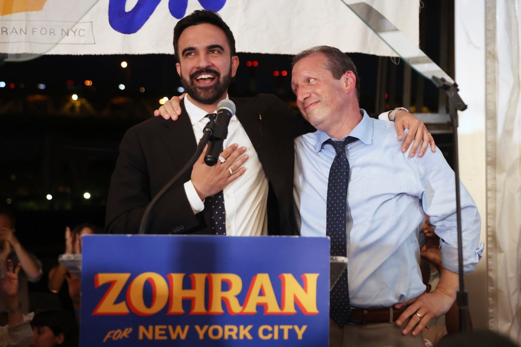 Zohran Mamdani and Brad Lander at a New York City mayoral primary election party.