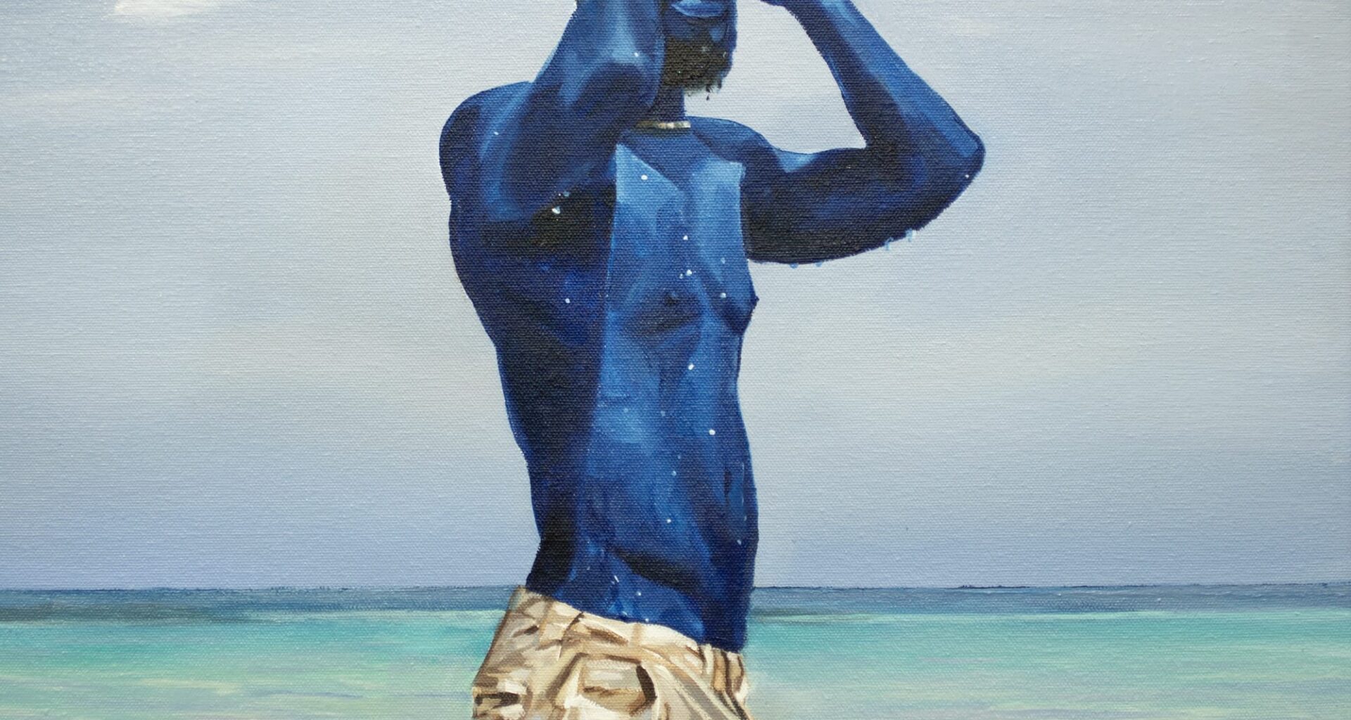 a portrait of a shirtless man with blue skin standing in a body of water