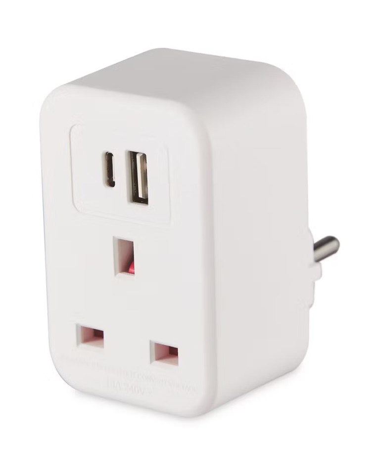 EU travel adapter with USB port.