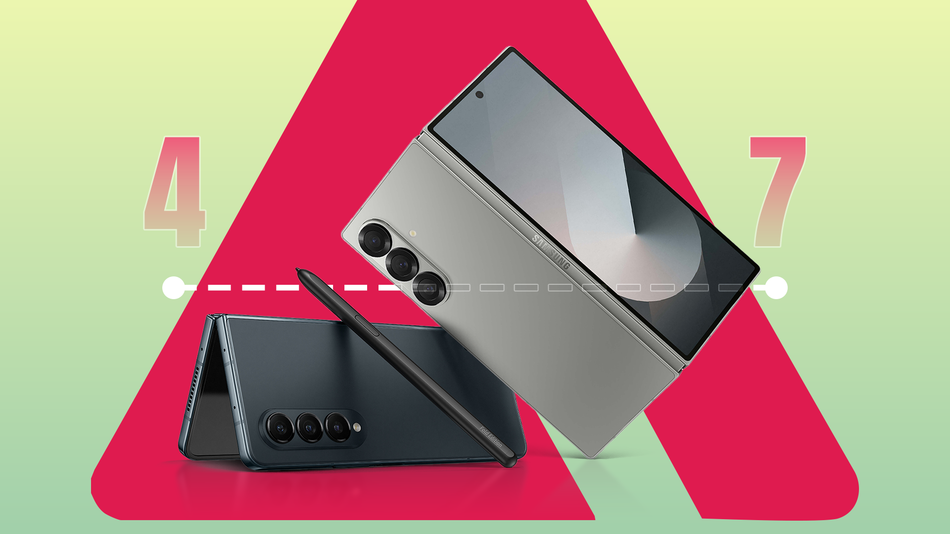 Galaxy Z Fold 4 next to the Galaxy Z Fold 7 with a dotted line and large numbers 4 and 7 highlighting the generational leap.