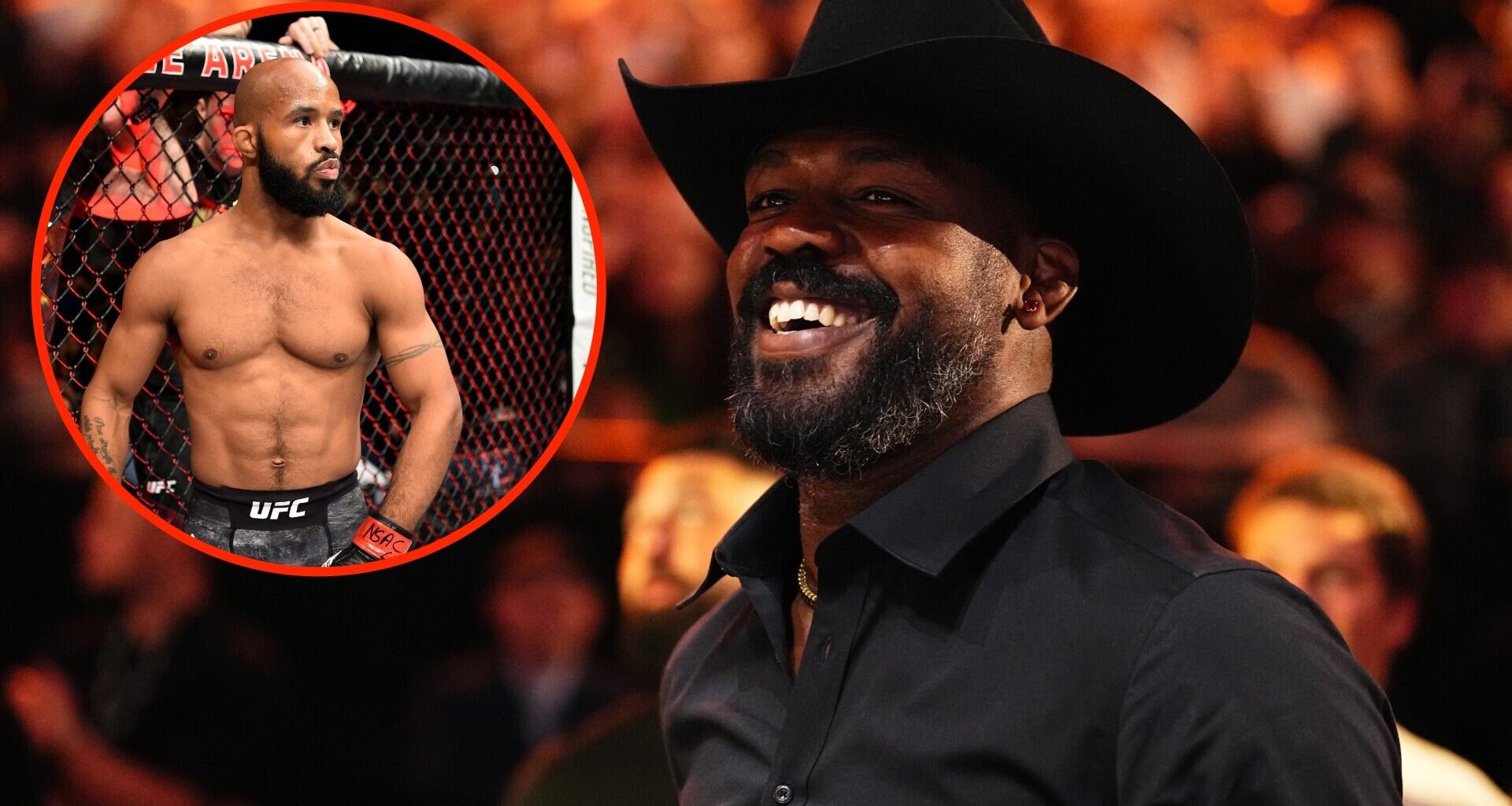 Jon Jones in attendance at UFC 306 with an inset of Demetrious Johnson ahead of his UFC 216 fight against Ray Borg