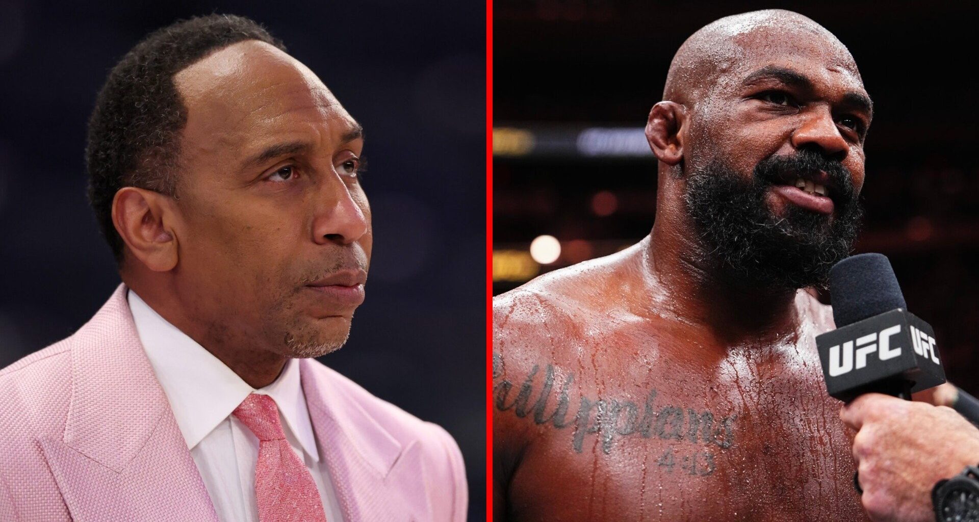 Split image of Stephen A. Smith and Jon Jones at UFC 309