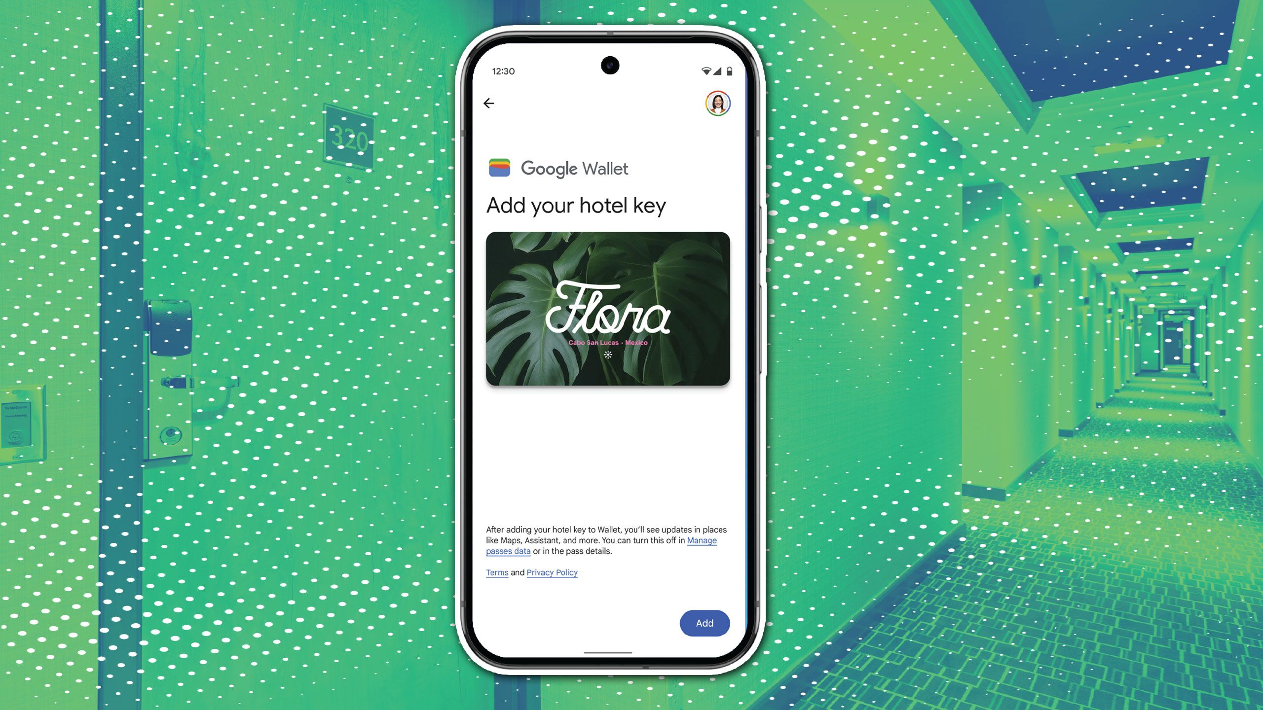 A hotel room key in Google Wallet over a background of a hotel hallway.