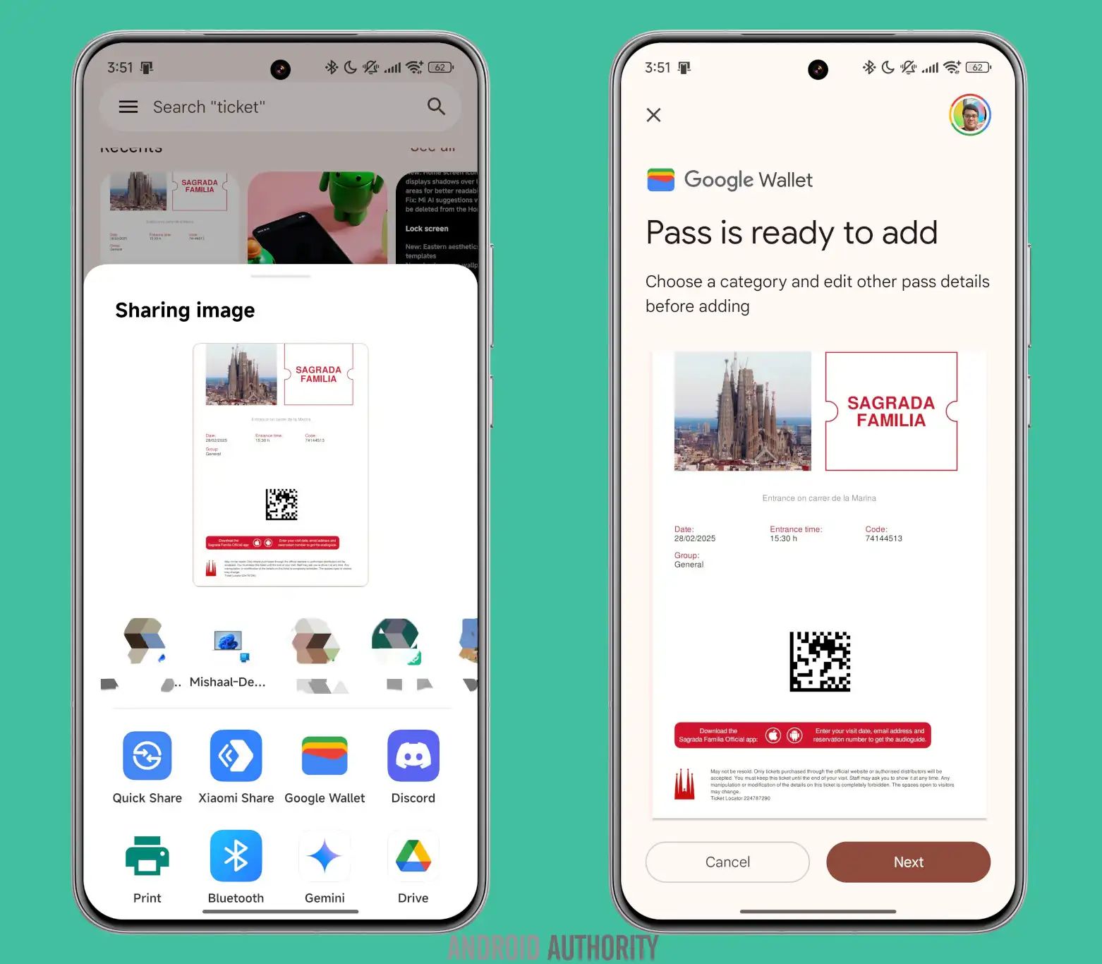 An updated Android share sheet featuring a Google Wallet shortcut.