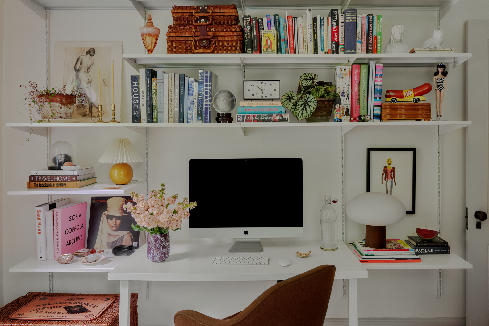 white desk and shelving