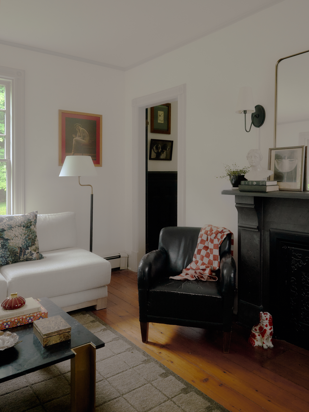 leather chair next to fireplace