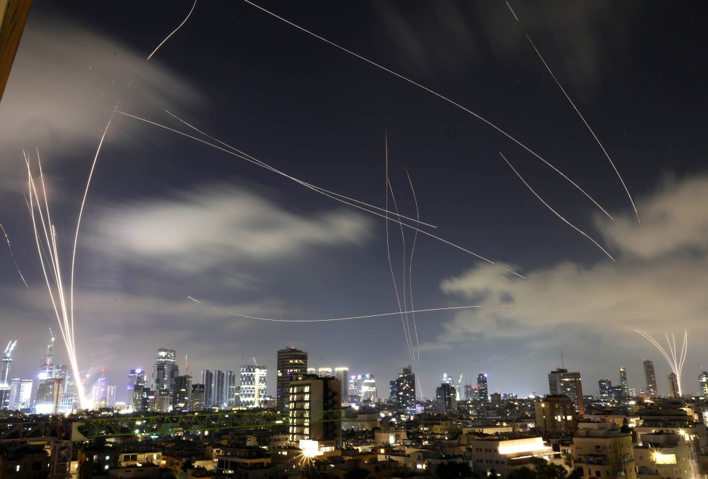 Missile streaks over Tel Aviv during an attack.