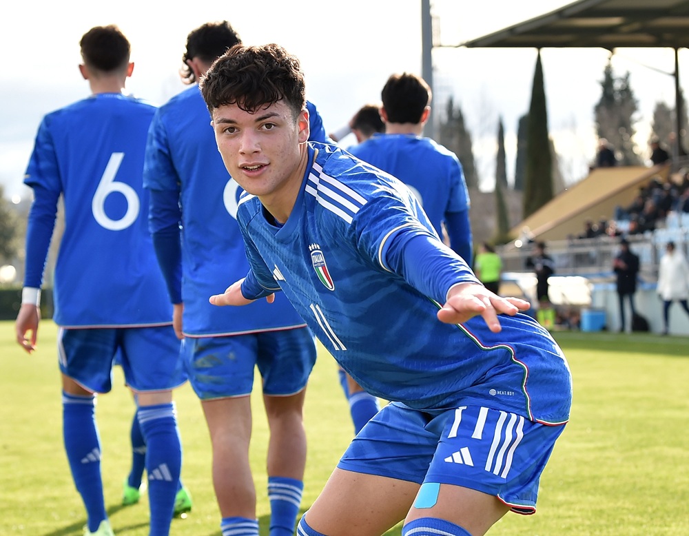 FLORENCE, ITALY: Emanuele Rao celebrates after scoring opening goal during the International Friendly match between Italy U17 and Spain U17 on January 25, 2023. (Photo by Giuseppe Bellini/Getty Images)