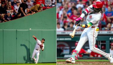 Split image: Left shows a Boston Red Sox outfielder fielding a ball near the outfield wall, fans watching nearby; right shows a Cincinnati Reds player swinging a bat during a game.
