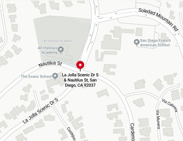 Some residents say the area of La Jolla Scenic Drive South and Nautilus Street is characterized by busy traffic, high speeds, obscured street signs and other hazards made more dangerous by its close proximity to three schools. (Bing Maps and La Jolla Light)