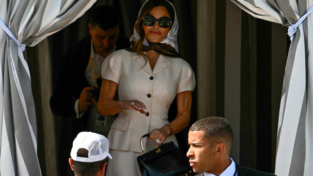 Lauren Sanchez leaves the Aman Hotel on her wedding day with Amazon's founder Jeff Bezos, in Venice on June 27, 2025.