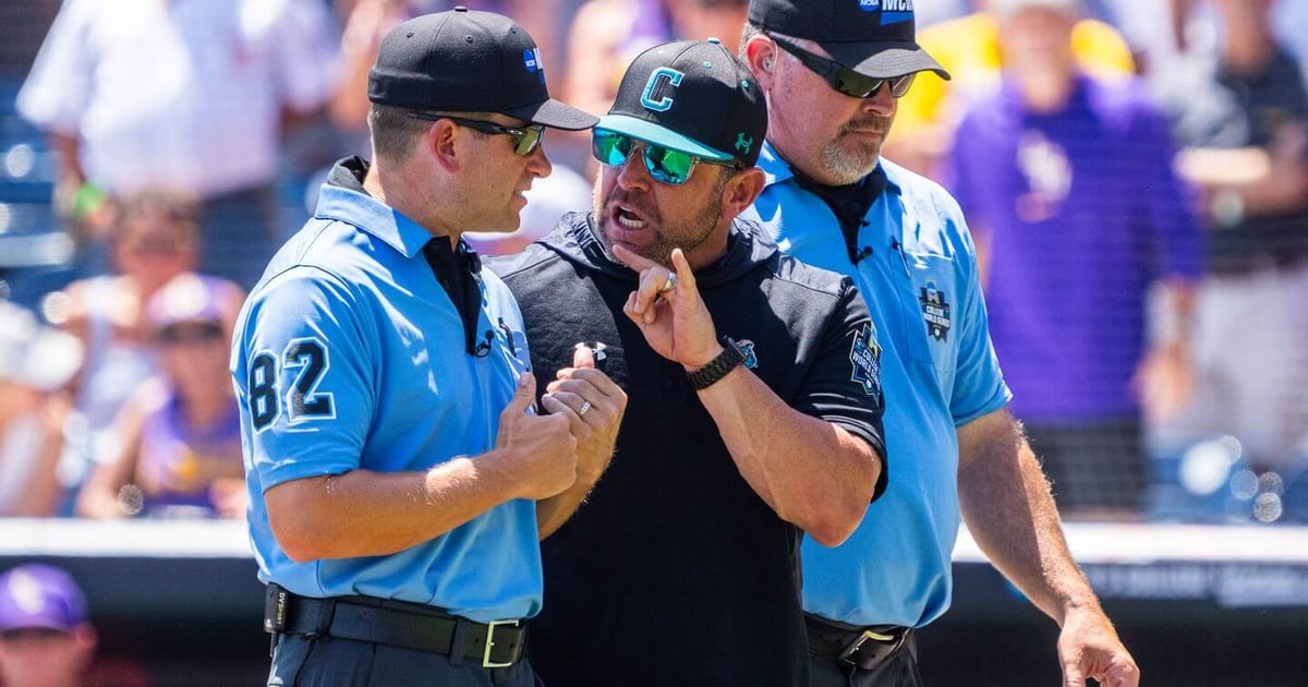 College World Series live updates: Coastal Carolina-LSU tied, Chanticleers coach Kevin Schnall ejected