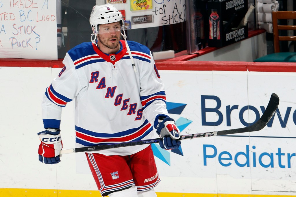 J.T. Miller  #8 of the New York Rangers warms up prior to the game against the Florida Panthers at the Amerant Bank Arena on April 14, 2025 in Sunrise, Florida.