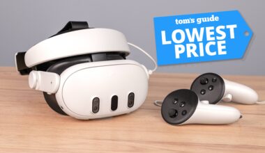 Kiwi Design H4 Boost Battery Strap attached to Meta Quest 3 with controllers on table with Tom's Guide Lowest Price badge