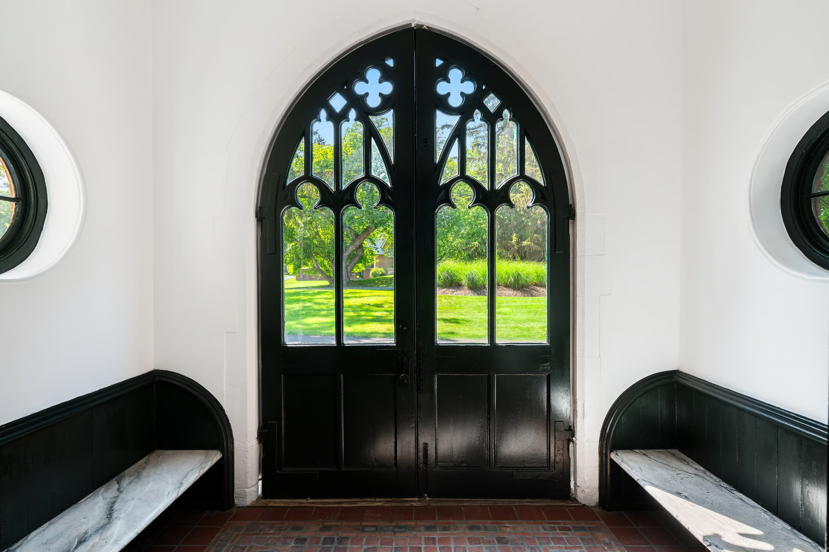entry with benches on either side