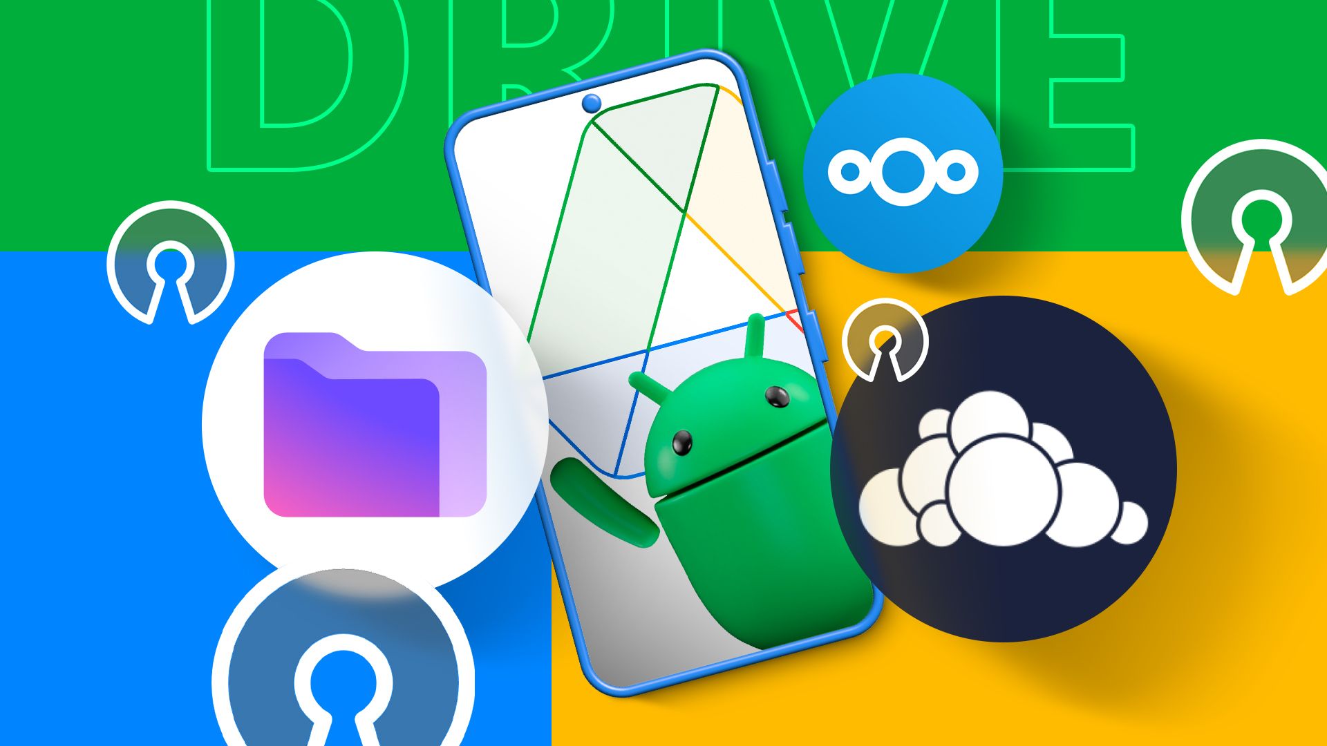 An illustration of a phone with the Bugdroid mascot and various app icons