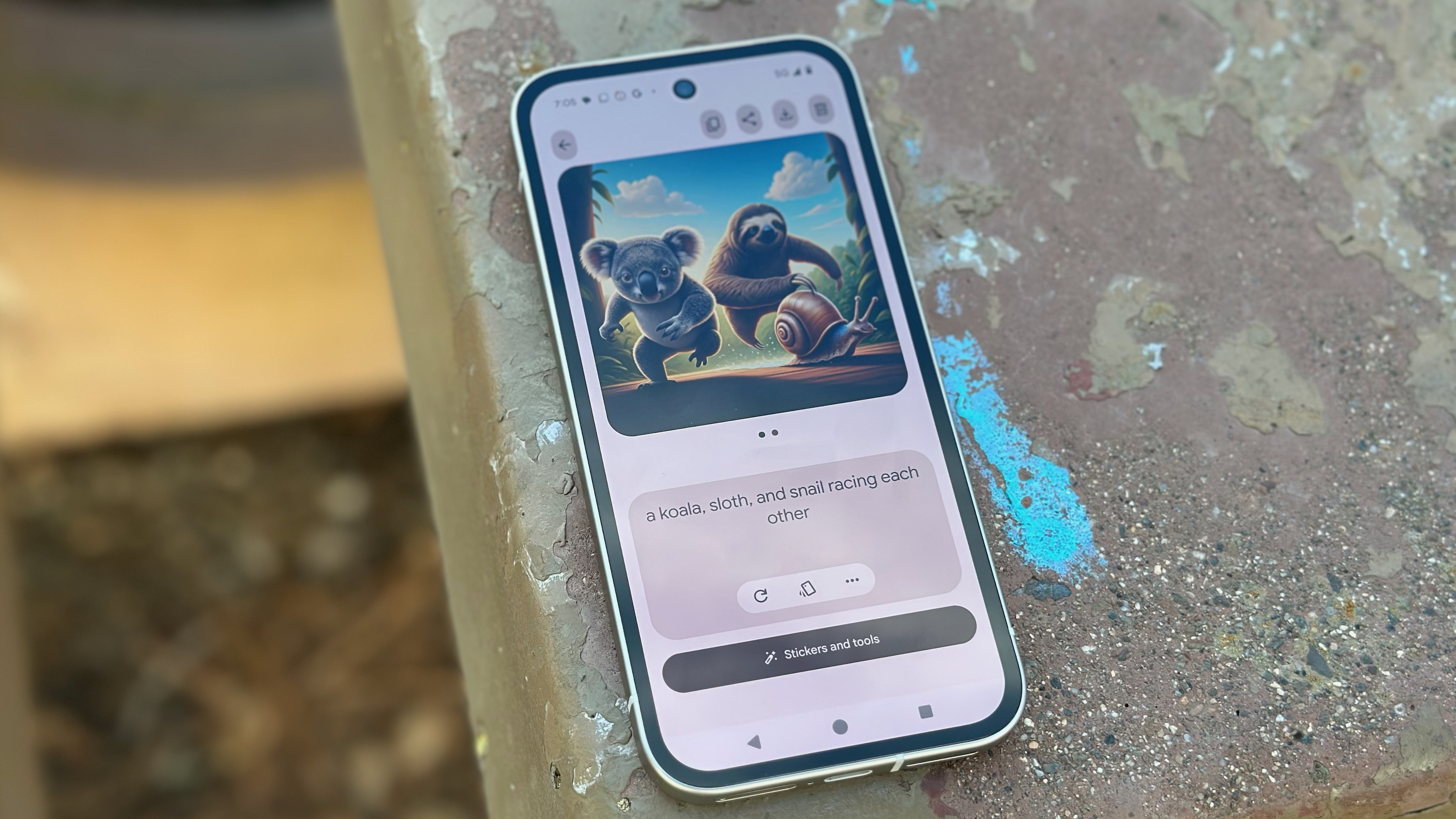 Pixel Studio on the Google Pixel 9a, showing an AI-generated image of a koala, sloth, and snail racing each other.