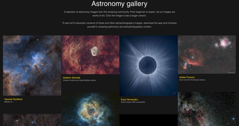A dark-themed astronomy gallery webpage displaying a grid of colorful nebula and space images, with photographer credits and image titles beneath each thumbnail. The title and description explain the purpose of the gallery.