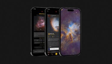 Three smartphones display an astronomy app interface, each showing vibrant images of nebulae, star details, and user comments against a dark background. The screens highlight colorful space photography and app features.