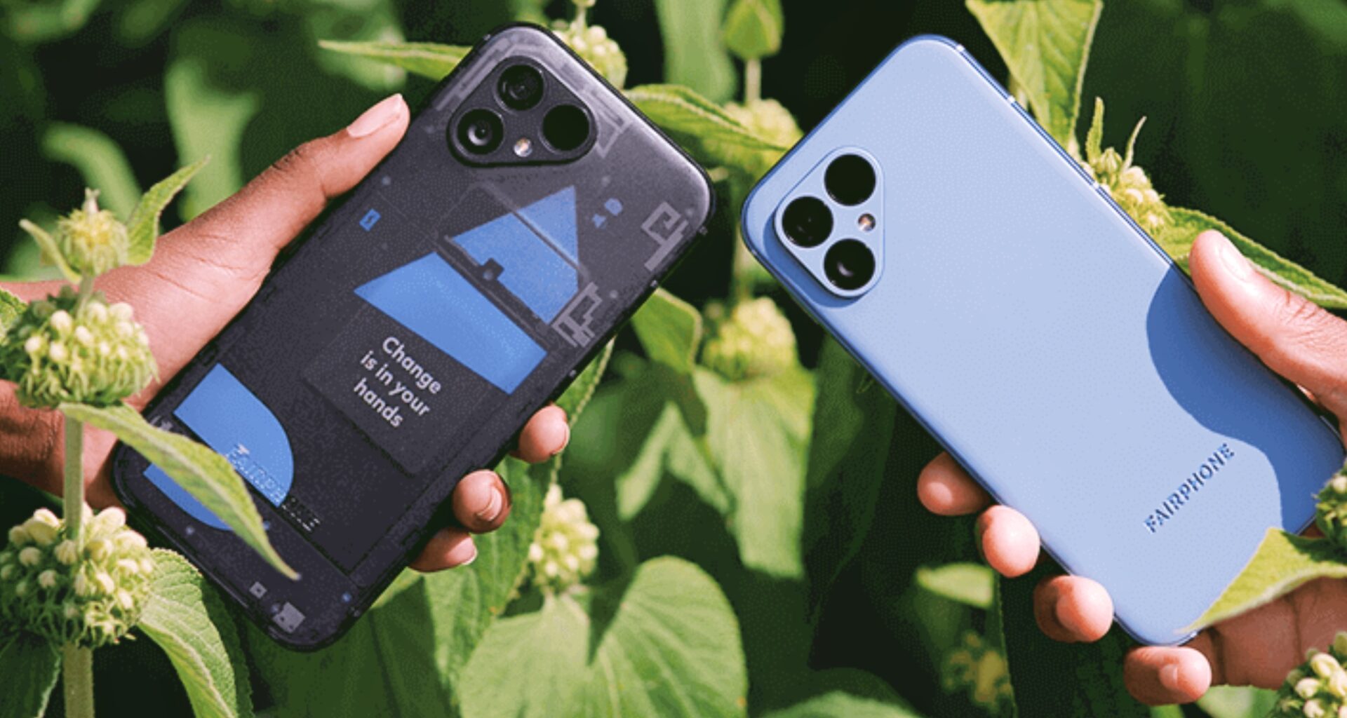 Fairphone 5 in front of plants