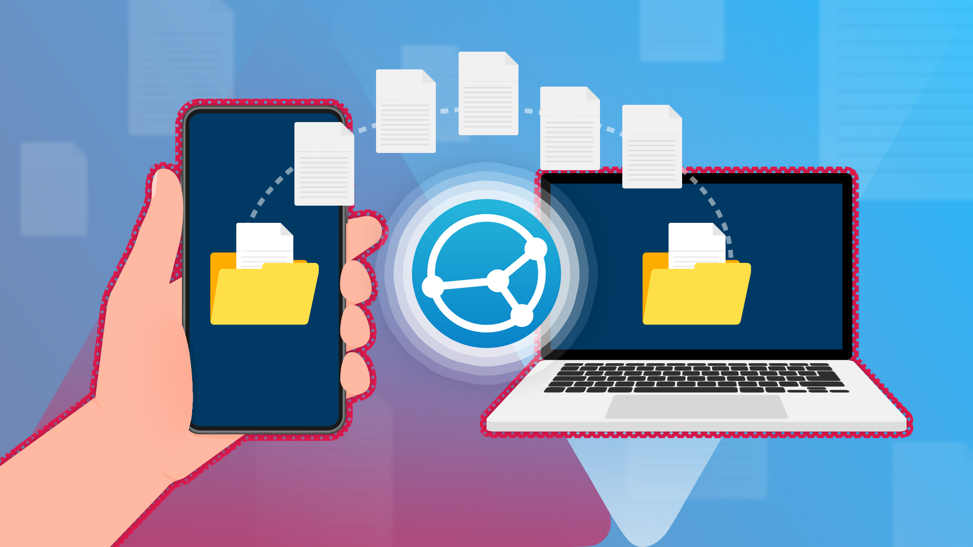 Illustration of a smartphone and laptop transferring files via Syncthing
