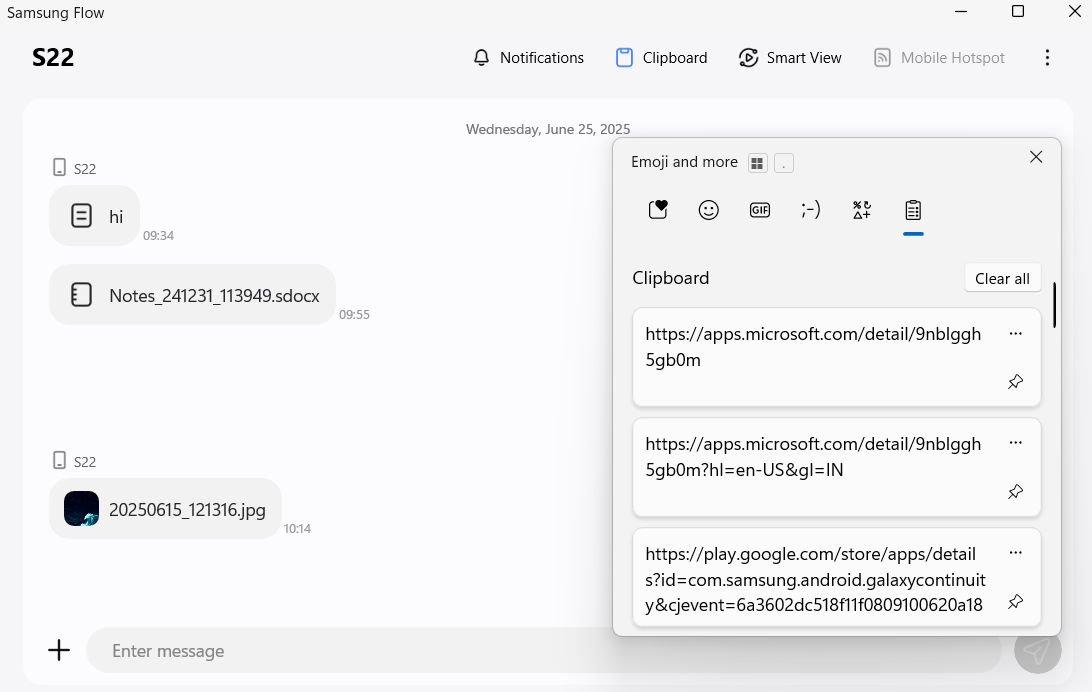 Samsung Flow app with Windows clipboard