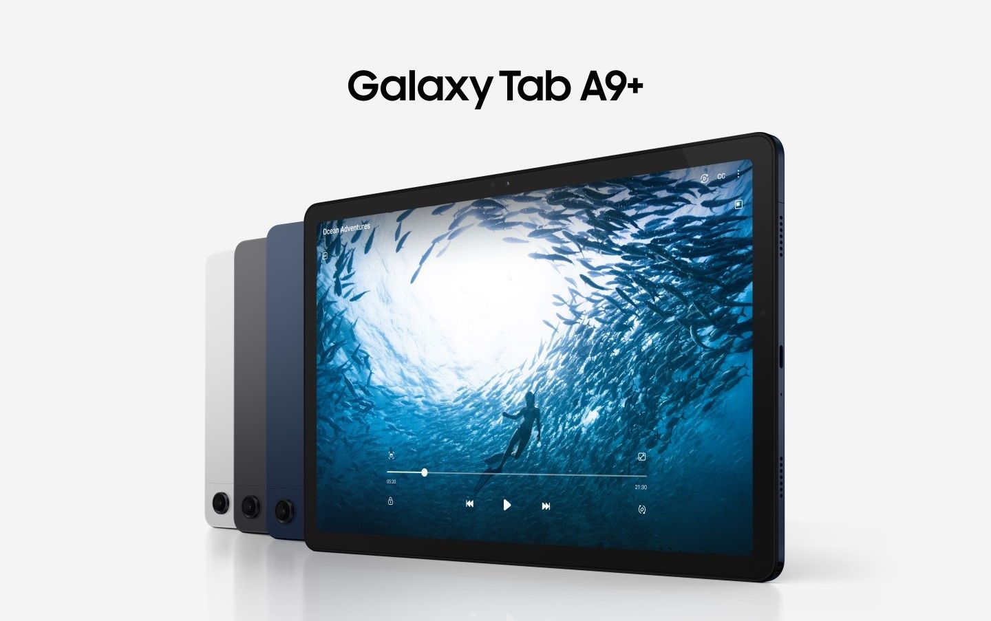 samsung galaxy tab a9 plus pictured in three colours with a video playing on screen