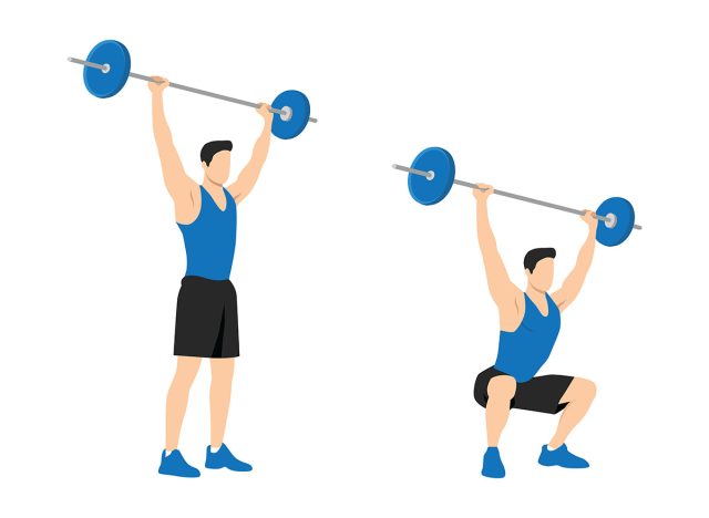 Man doing barbell overhead squats exercise. Flat vector illustration isolated on white background
