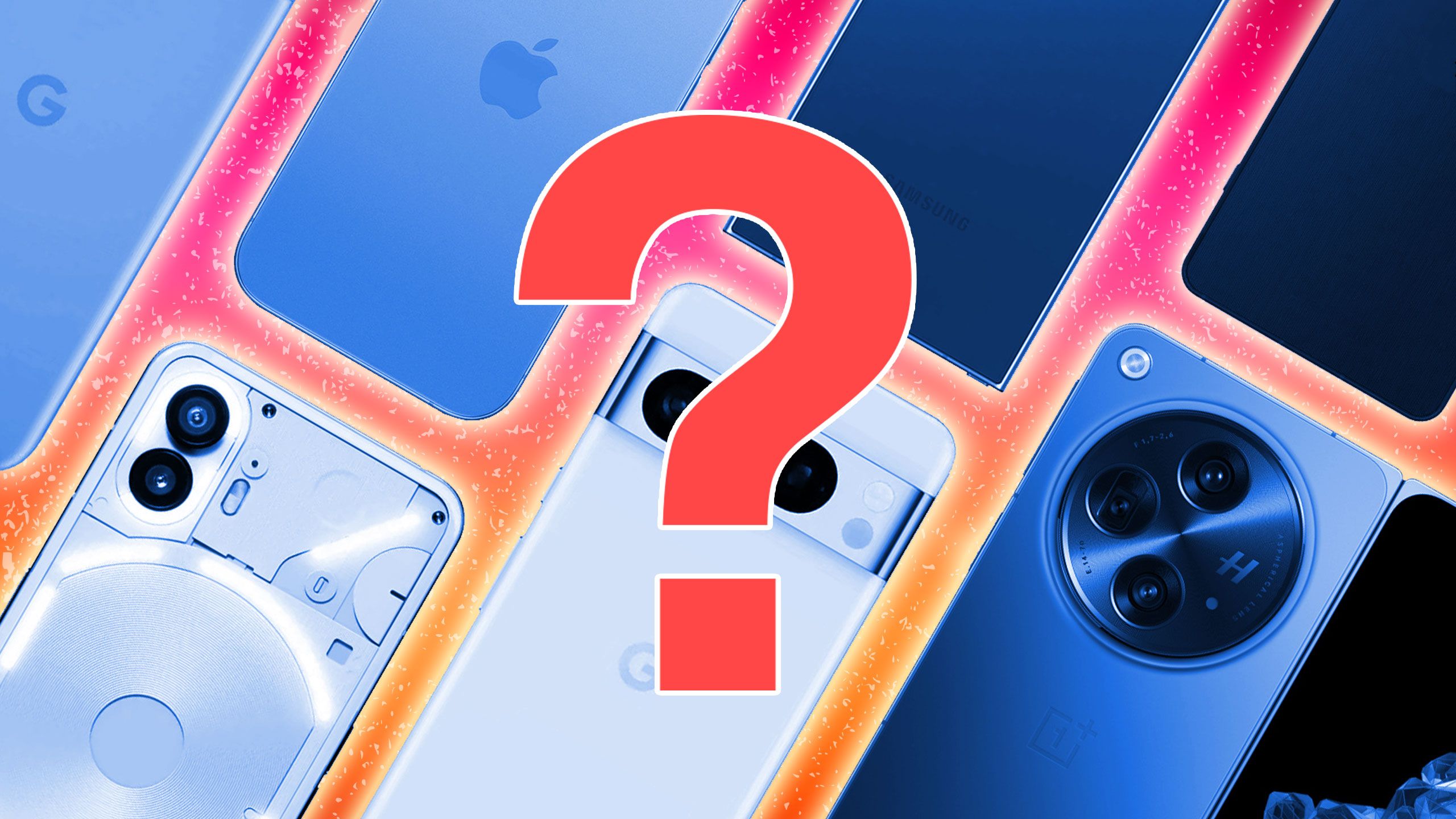 An image of a question mark sits atop the back of several smartphones