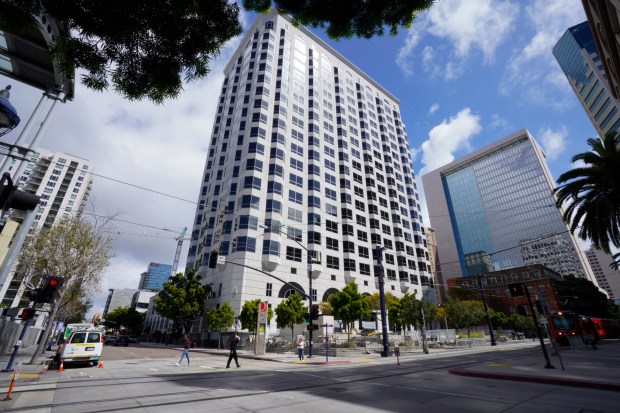 The building at 550 West C St., branded as Five50West, where the city is leasing two floors for staffers in the Development Services Department. (Nelvin C. Cepeda / The San Diego Union-Tribune)