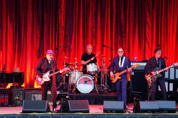 On Tuesday, June 24, 2025, in San Diego, CA, Elvis Costello performed live at Humphrey's Concerts by the Bay. Perfomring with Costello are band members, Pete Thomas, drums, Steve Nieve, keyboards; bassist Davey Faragher; and lead guitarist Charlie Sexton.  (Nelvin C. Cepeda / The San Diego Union-Tribune)