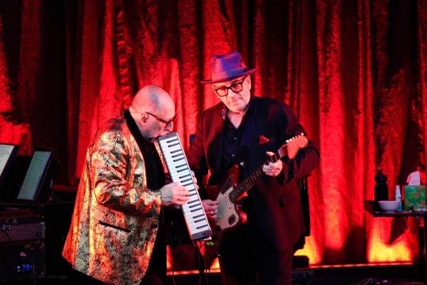 On Tuesday, June 24, 2025, in San Diego, CA, Elvis Costello performed live at Humphrey's Concerts by the Bay. Perfomring with Costello are band members, Pete Thomas, drums, Steve Nieve, keyboards; bassist Davey Faragher; and lead guitarist Charlie Sexton.  (Nelvin C. Cepeda / The San Diego Union-Tribune)
