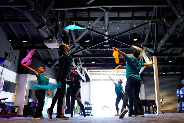 The entire group utilized a scarf as a prop during a dance exercise at the San Diego Neurodance event, which took place at The Chrysalis: Monarch Center for the Arts on Saturday, April 19, 2025, in San Diego, CA. (Nelvin C. Cepeda / The San Diego Union-Tribune)