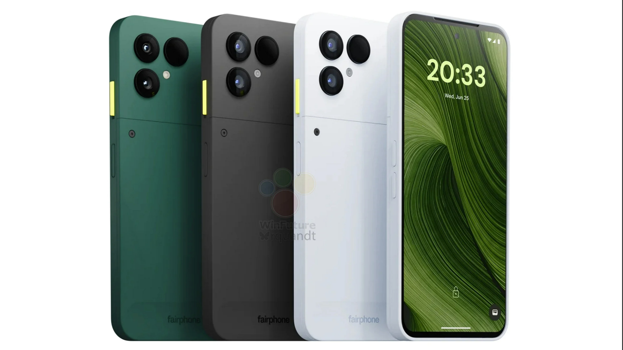 Possible Fairphone 6 color variations in green, black and white