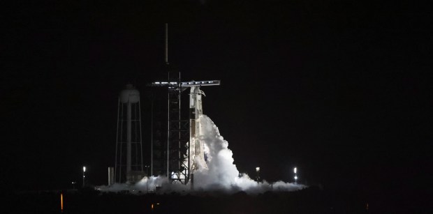 The Falcon 9 rocket venting before the launch of the...