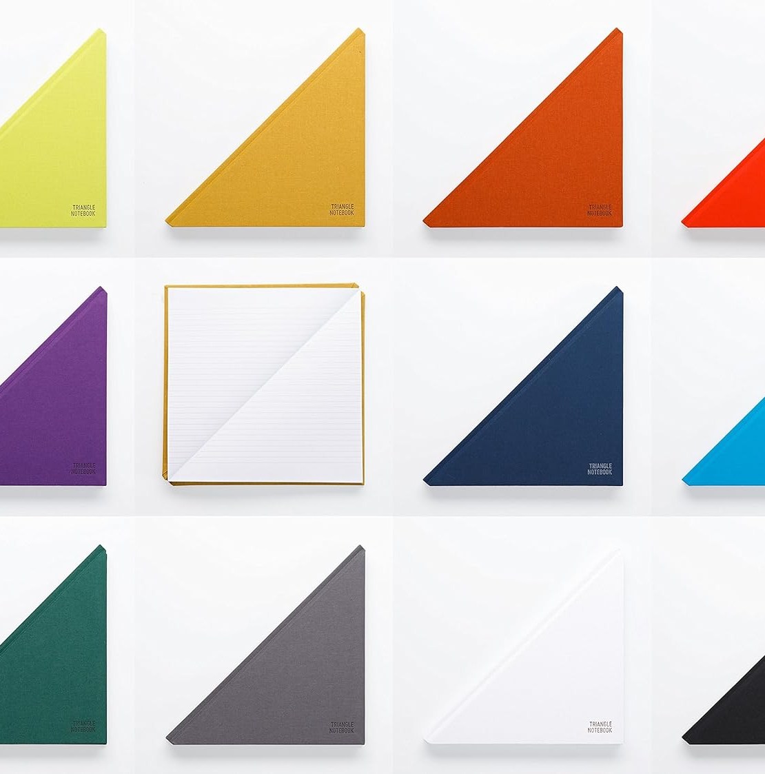 Three rows of four varicolored triangles with one in the second row opened to show a notebook.