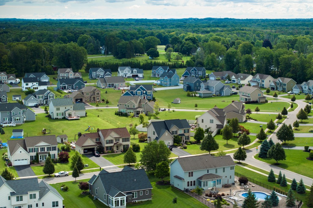 Aerial view of a suburban neighborhood in Rochester, NY.