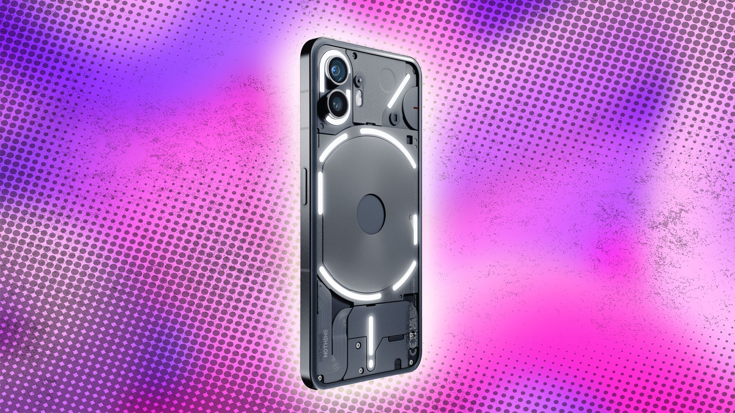 Nothing Phone 2a with Glyph lights on against a gradient background