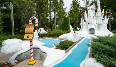 A whimsical Winter Summerland Mini Golf course with a snowy white castle, candy cane sign, and blue water paths.