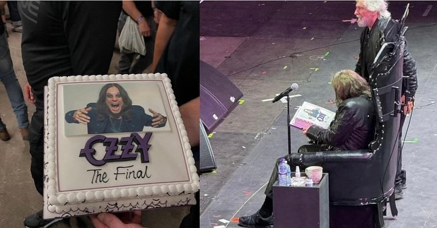 Collage of Ozzy Osbourne's farewell cake and him sitting on a throne.