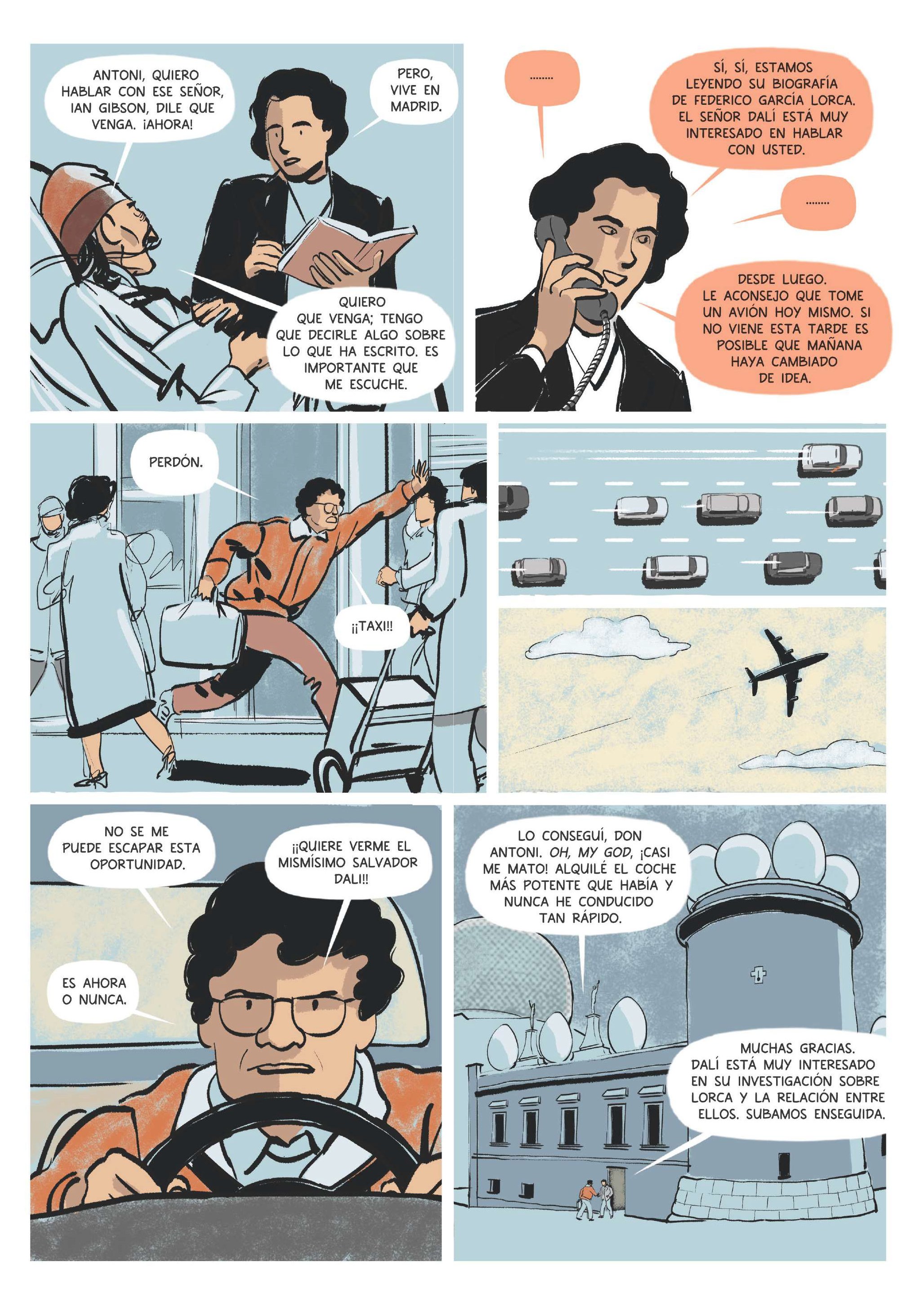 Illustration of a graphic novel depicting a biographer's journey to meet Salvador Dalí.