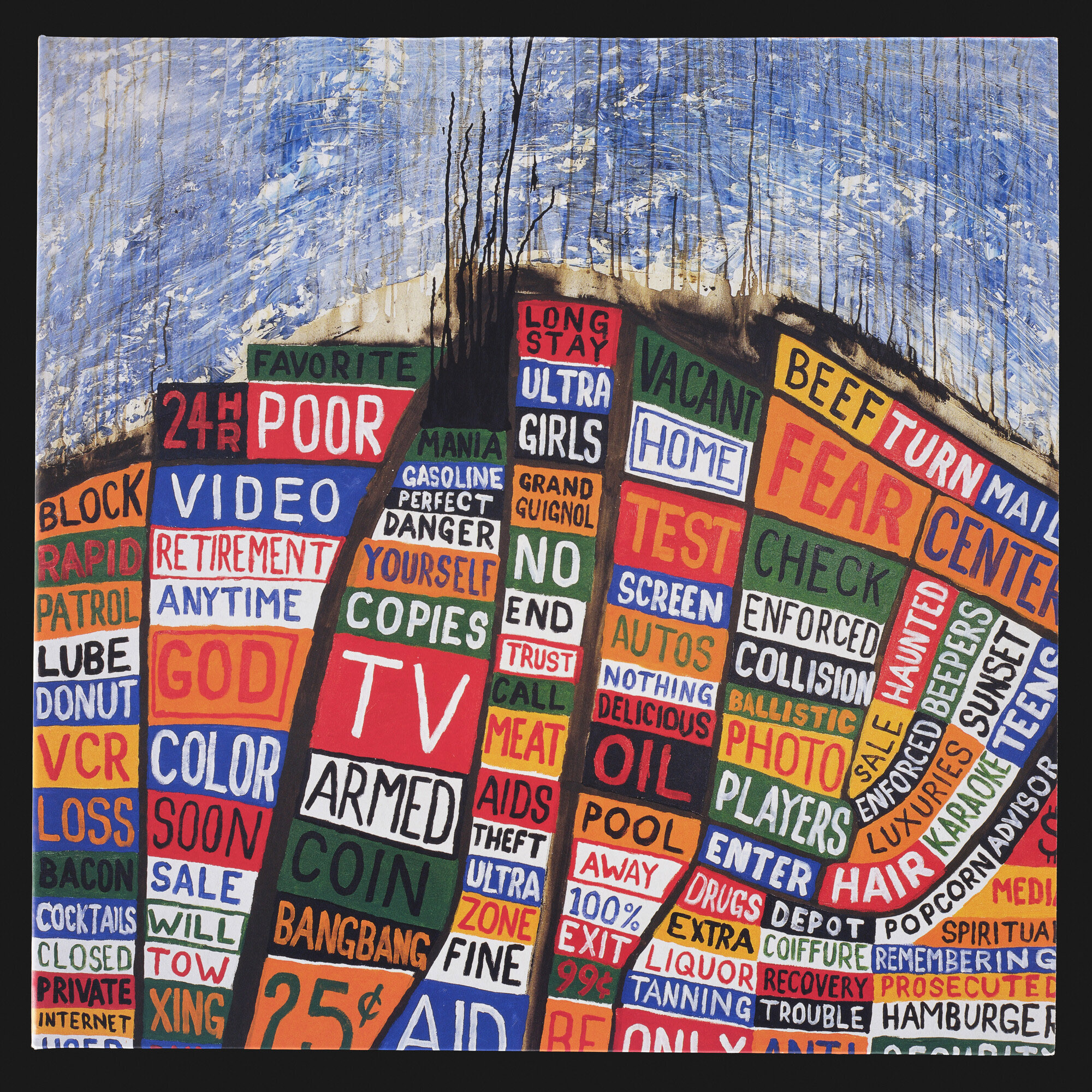 Illustration of a painting with text including words like "poor," "fear," and "oil."