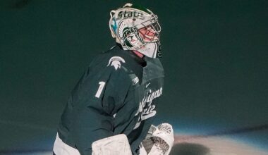 Michigan State goaltender Trey Augustine (1) skates during players introduction at Duel in the D between Michigan and Michigan State at Little Caesars Arena in Detroit on Saturday, Feb. 8, 2025.