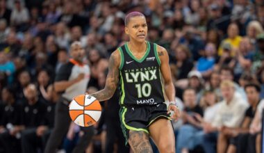 Jul 5, 2025; Minneapolis, Minnesota, USA; Minnesota Lynx guard Courtney Williams (10) assesses the defense as Golden State Valkyries guard Tiffany Hayes (15) closes the gap in the fourth quarter at Target Center. Mandatory Credit: Matt Blewett-Imagn Images
