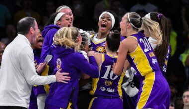 Jul 26, 2025; Brooklyn, New York, USA; Los Angeles Sparks forward Rickea Jackson (2) celebrates with teammates after scoring the game winning basket at the buzzer during the second half against the New York Liberty at Barclays Center. Mandatory Credit: John Jones-Imagn Images