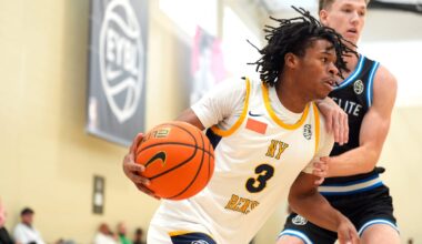 July 15, 2025; North Augusta, South Carolina, USA; NY Rens Jasiah Jervis (3) moves towards the basket during the NY Rens and JL3 game at Nike EYBL Peach Jam at Riverview Park Activities Center. The NY Rens won 83-53. Mandatory Credit: Katie Goodale - Augusta Chronicle/USA TODAY NETWORK