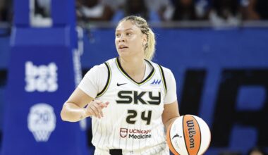 Jul 24, 2025; Chicago, Illinois, USA; Chicago Sky guard Rachel Banham (24) brings the ball up court against the Seattle Storm during the first half at Wintrust Arena. Mandatory Credit: Kamil Krzaczynski-Imagn Images