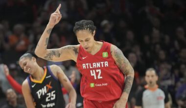 Atlanta Dream center Brittney Griner (42) celebrates a basket against the Phoenix Mercury during the fourth quarter at PHX Arena July 23, 2025.
