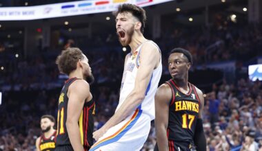 Oct 27, 2024; Oklahoma City, Oklahoma, USA; Oklahoma City Thunder forward Chet Holmgren (7) celebrates after dunking against the Atlanta Hawks during the second half at Paycom Center. Mandatory Credit: Alonzo Adams-Imagn Images